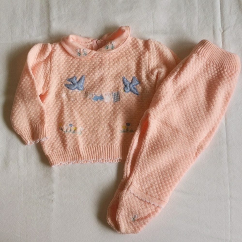 Vintage Baby Girl Knit Sweater & Footed Pants Matching Set Pastel Pink 6-9M